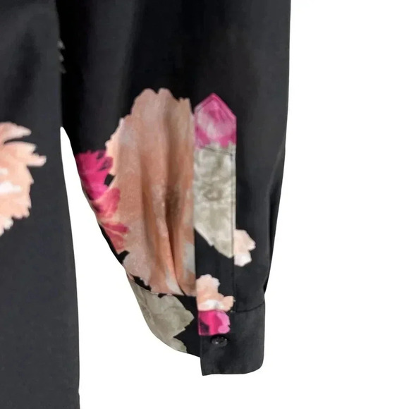 Calvin Klein Women L Black Pink Floral Button-Up Blouse Long Roll Tab Sleeve Top - Picture 9 of 16